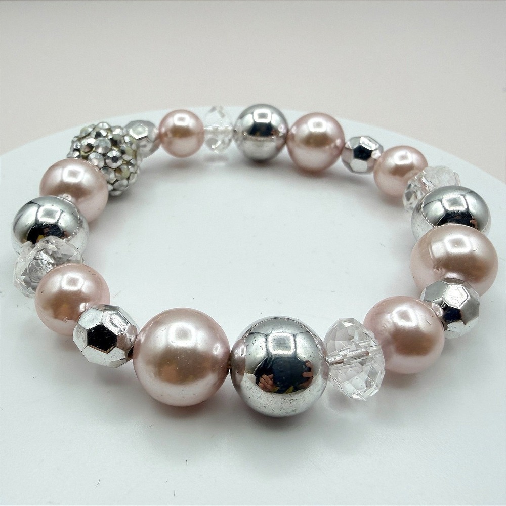 Vintage 90s Silver Tone Pink Faux Pearl Beaded Stretch Bracelet Women's Jewelry